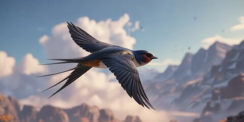 A swallow gliding effortlessly through the air, smooth, clouds