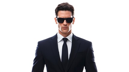 A confident man in a suit and sunglasses stands against a bright background, exuding an air of mystery and sophistication.