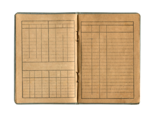 small old notebook with vintage yellow brown paper cloth cover and empty spreadsheet accounting charts inside open and isolated on white