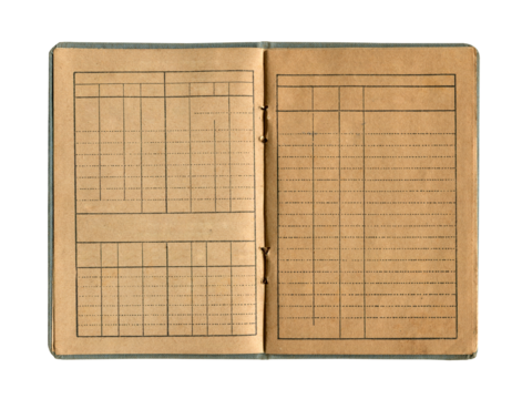 small old notebook with vintage yellow brown paper cloth cover and empty spreadsheet accounting charts inside open and isolated on white