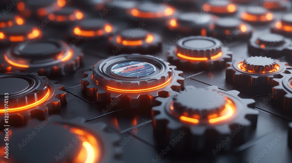 Poster visualization of advanced automation systems with interconnected glowing gears and holographic contr