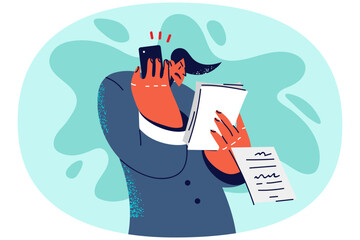 Furious businessman with paperwork scream on phone