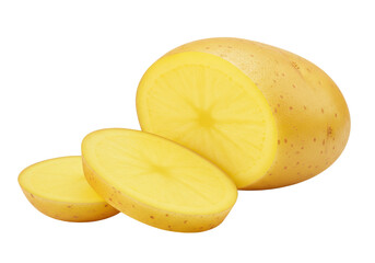 Whole yellow potatoes with two slices in front isolated on white background