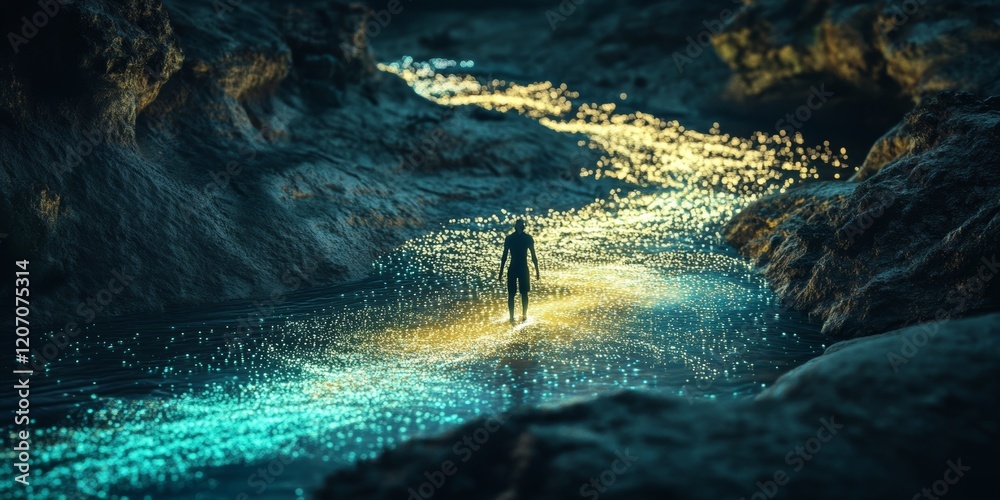 Canvas Prints a person is walking down a river with a glowing trail behind them
