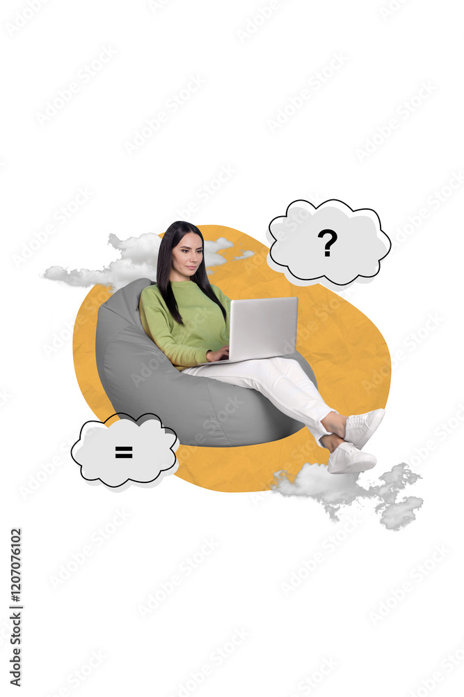 Poster vertical collage picture of intelligent girl sit beanbag use netbook question mark equal symbol clou