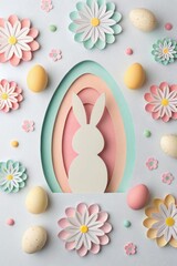 Pastel Colored Paper Bunny Silhouette Surrounded by Flowers and Eggs for Festive Decoration