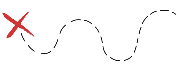 Treasure map element. A dashed line and red X mark ink on the map, the treasure map with a dotted line, X marks the spot, dashed line to an X	
