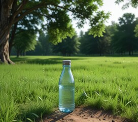 A water bottle sits at the edge of a lush green grassy field with trees in the distance, landscape backdrop, trees, greenery