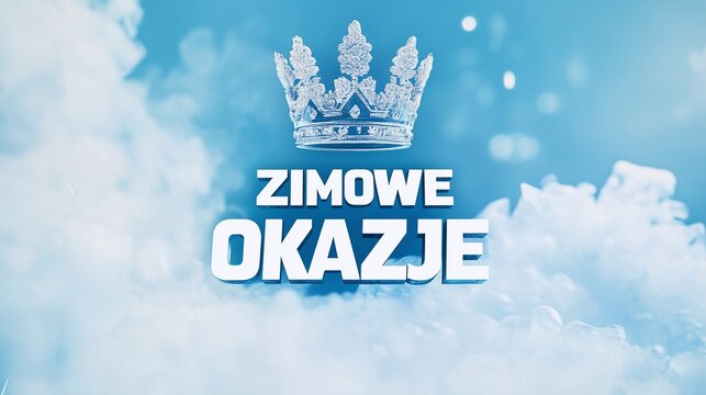 Napis "Zimowe Okazje" z lodową koroną na jasnym, niebieskim tle z zimowym efektem. Idealny do promocji premium i ofert zimowych.