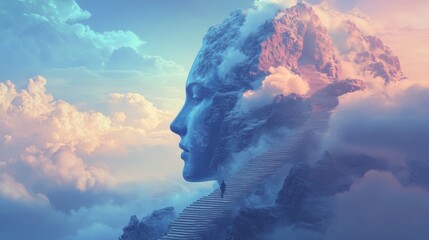 Ethereal Landscape Featuring Human Face Merging with Nature Elements
