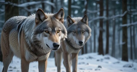 Obraz premium A wolf's muzzle with a hint of frost in the snowy forest, fur texture, snowflakes, wildlife photography