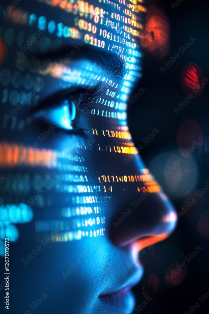 Poster digital woman with binary code reflections on face and profile view