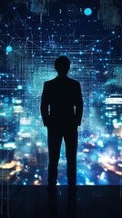 Silhouette of Businessman Against Abstract Digital City Background