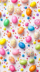 Fototapeta premium Colorful easter eggs scattered on bright white background. Vertical background