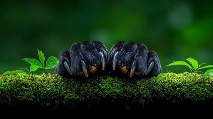 Big cat paws on moss, forest background, nature wildlife image