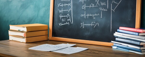 A blackboard with neatly written chalk equations and a stack of textbooks nearby