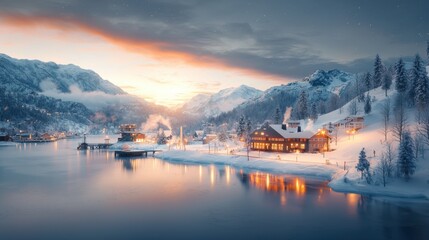 Serene winter sunset over geothermal hot springs tranquil village landscape photography frosty environment wide-angle view natural beauty