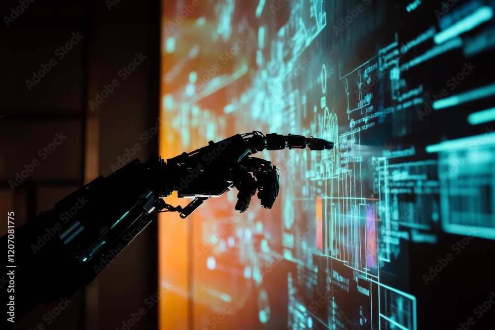 Poster robotic hand interacting with digital interface and data visualization