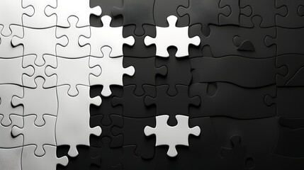 Black and white puzzle pieces merging. Solution, teamwork, problem-solving concept
