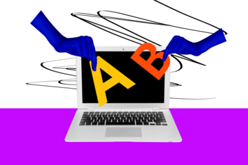 Sketch image composite artwork 3D photo collage of huge laptop display hands appear hold in finger alphabet letters knowledge education