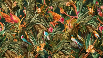 Obraz premium Seamless tropical pattern with palm leaves for fabric design and other uses.