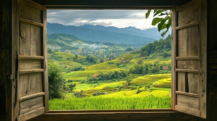 Fototapeta premium Landscape nature view background view from wooden gate