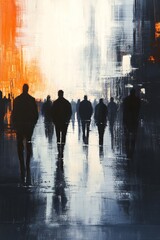 Obraz premium Urban Silhouettes Walking in Abstract Cityscape Art Scene