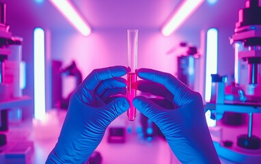 Scientist's hands hold test tube with pink liquid in modern lab.