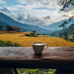 artistic shot of a coffee cup on rustic counter with golden rice paddies basking in sunlight, framed by peaceful sky, creating serene and charming rural atmosphere.
