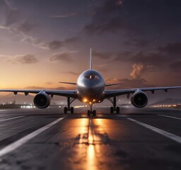 Airplane touches down on runway amidst a lunar glow, illumination, night