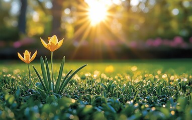 Fototapeta premium Two yellow tulips blooming in a sunlit meadow.