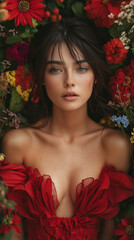 Fototapeta premium A stunning woman in a red dress, surrounded by red and multicolored flowers. Her calm and confident expression highlights beauty, elegance, and romance. 