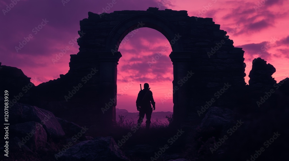 Poster a man stands in front of a large archway in a desolate landscape