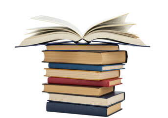 Fototapeta premium Stack of books with one open on top, isolated on white background