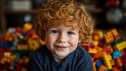 Fototapeta premium Happy toddler with curly red hair surrounded by colorful building blocks.
