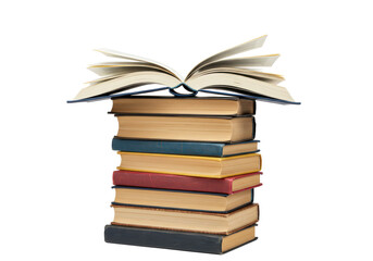 Naklejka premium Stack of books with one open on top, isolated on transparent background