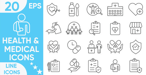 Health & Medical line Icon set. Medicine, check up, doctor, dentistry, pharmacy, lab, scientific discovery, collection, nurse, pills, clinic and more.Vector and illustrator set.