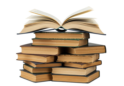 Stack of books with one open on top, isolated on white background