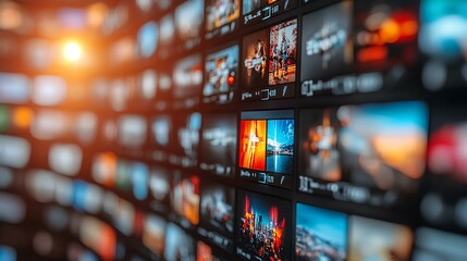 Abstract multimedia background with various channel images, web streaming media tv  video technology