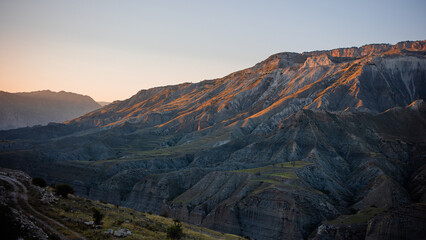The road in the mountains. Fantastic mountain nature, canyons and meadows. nature of the Caucasus, Republic of Dagestan