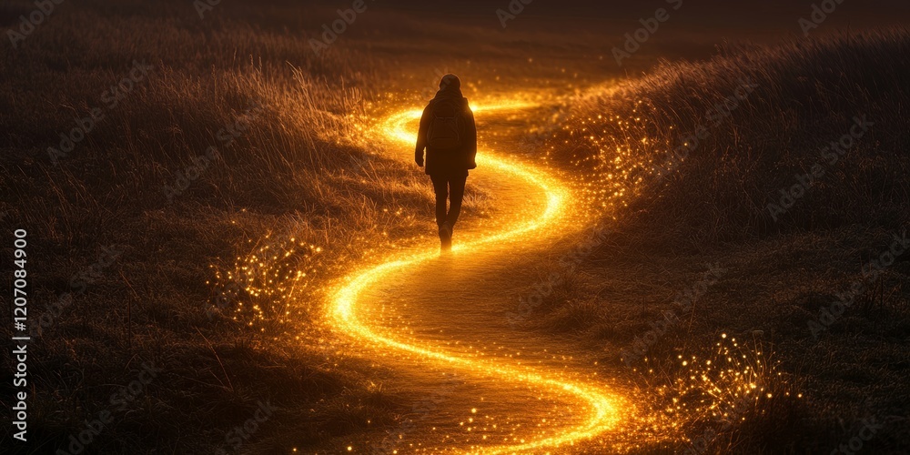 Canvas Prints a person is walking down a path that is illuminated with a golden glow