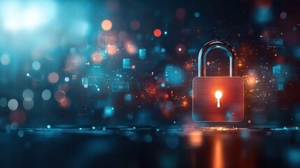 Digital security symbol a glowing lock in a futuristic landscape high-resolution gigapixel image illuminating cybersecurity concepts