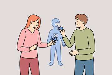 Formation of child personality thanks to parents assembling kid figure from puzzles. Caring mom and dad raise son together, creating successful and psychologically stable child personality