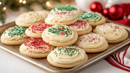 A batch of freshly baked Christmas sugar cookies with colorful frosting and sprinkles selective focus, holiday sweetness, ethereal, composite, baking tray backdrop