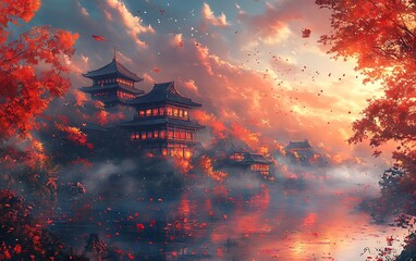 Tranquil Autumn Landscape with Asian Structures