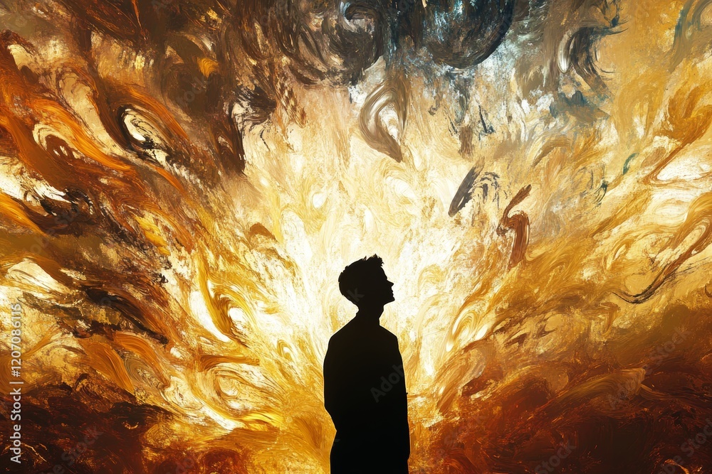 Canvas Prints a man stands in front of a fiery explosion
