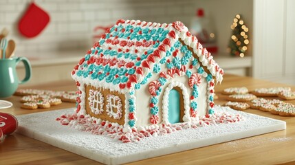 A beautifully decorated gingerbread house surrounded by Christmas cookies and icing tools close up, festive baking fun, whimsical, overlay, kitchen countertop backdrop