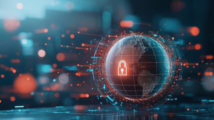 Glowing lock safeguarding a global network digital space conceptual image futuristic environment security focus symbolizing protection