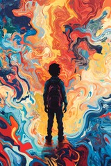 A young man stands in the middle of a colorful swirl of paint