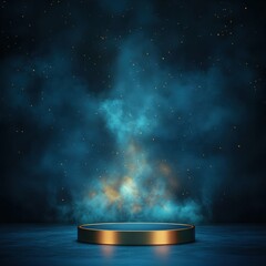 Mystical Golden Platform with Blue Nebula Background - Product Display